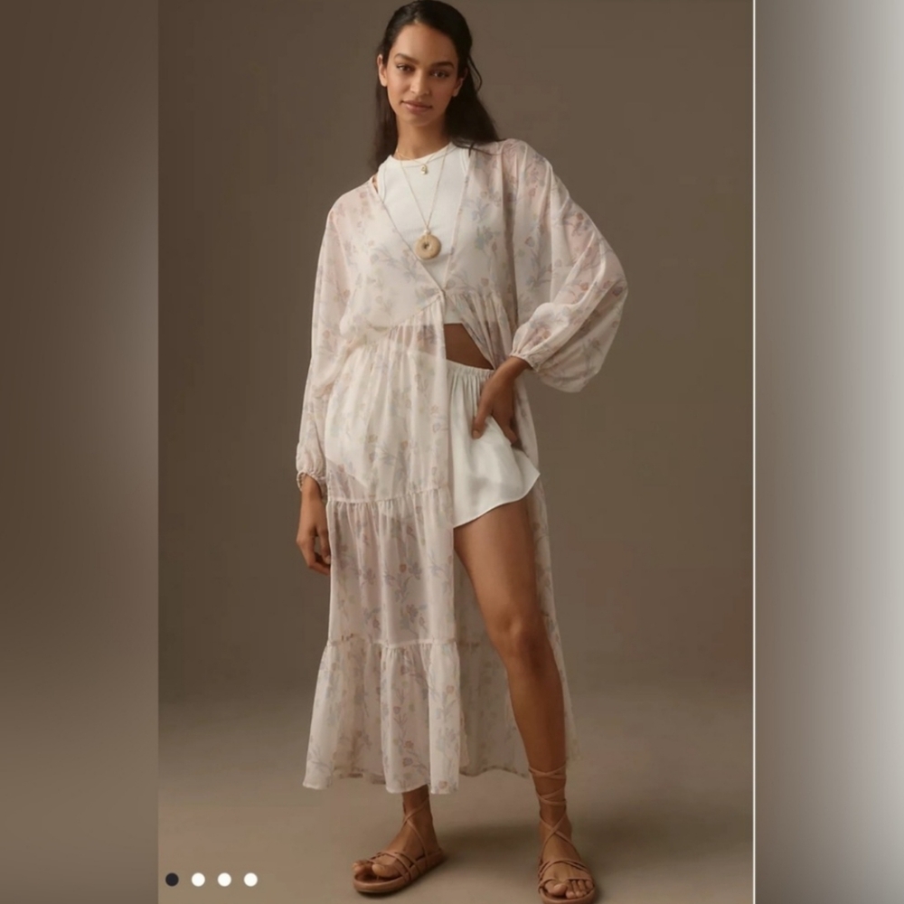 ANTHROPOLOGIE Women's Long Sheer Tunic Floral Kimono Duster